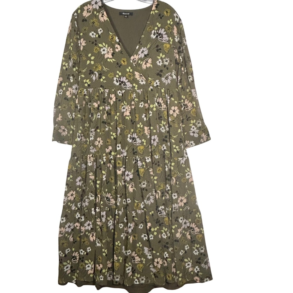Madewell Women Olive Green Floral Tiered V-Neck Midi Dress XXS Long Sleeve
